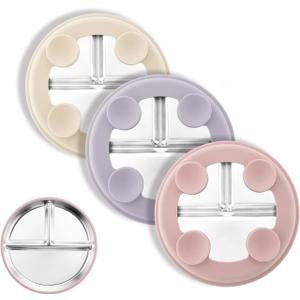 Stainless Steel Suction Plates for Toddlers, 8" Divided Kids Baby Plates with Removable Silicone Suction, Non Toxic Non Slip Portion Control Snack Dishes 3 Packs, Pink Beige Lilac