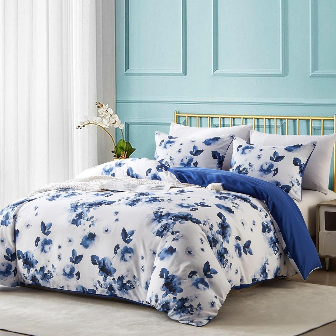 Cupocupa Duvet Cover King Size Set Boho Floral Pattern King Duvet Cover Set for King Size Bed Vintage Soft Bedding Leaf Print Duvet Cover with Pillowcases Blue Floral