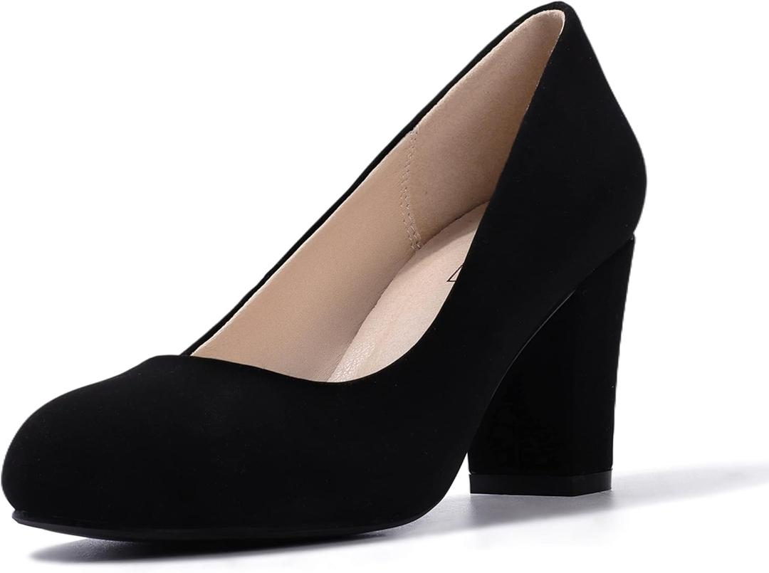 IDIFU Women's Sherry Dress Low Block Chunky Heels Pumps Closed Round Toe Shoes for Wedding Office Evening (8, Black Nubuck)