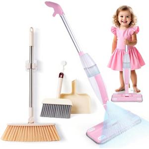 Kids Spray Mop,Toddler Mop Cleaning Set, Real Working Mini Mop & Kids Broom Dustpan Set, Housekeeping Pretend Play Toy, Montessori Kid Cleaning Toy Set Includes Organizer Clip -Pink