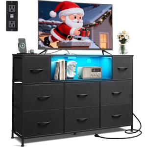 WLIVE Black Dresser TV Stand for 45, 50, 55 inch TV, Entertainment Center with LED Lights & Charging Station, Chest of Drawers with 8 Fabric Drawers and Open Shelves for Living Room, Hallway, Wood Top