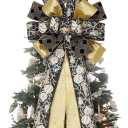 Choies Christmas Tree Topper Bow,53x13 Inches Large Christmas Bow with Glitter Streamer and Patterned Ribbon,Black and Gold Tree Topper Bows for Xmas Tree Wreaths Door Staircase Home Decor