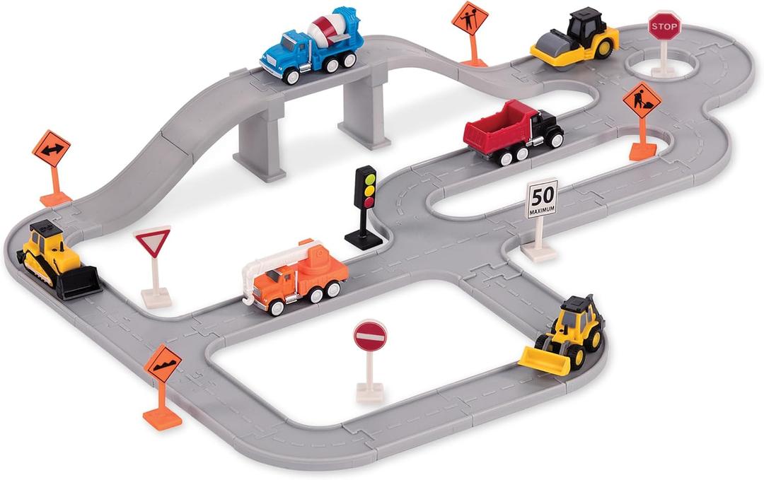 Driven by Battat  57-Pieces Construction Toy Playset with 6 Mini Cars (Crane, Dump and Cement Truck, Bulldozer, Steamroller, Front-end Loader)  Includes Tracks & Accessories  Gift for Kids