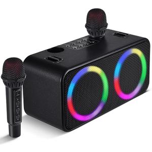 Portable Karaokee Machine 2 Microphones, Outdoor Bluetooth Speaker Karaoke Machine, Karaoke Microphone Machines Kid Adult Wireless PA TF USB Sound Effect Light Outdoor/Indoor Home Party, Dark Black