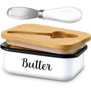 LANDNEOO Butter Dish with Lid and Butter Curler Knife - Unbreakable Stainless Steel Keeper Container with Double Silicone Sealing, for Kitchen Farmhouse Decor (White)