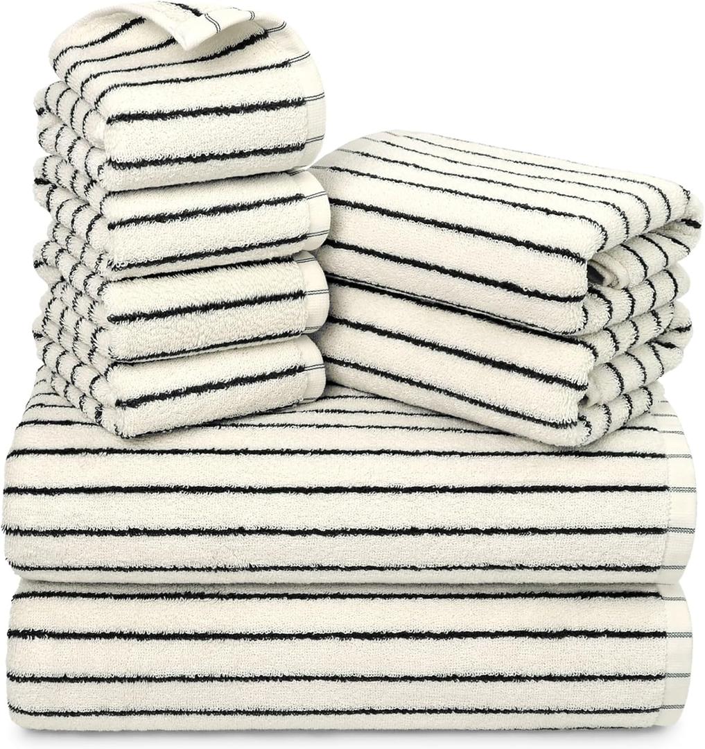 Jacquotha 8 Piece Black and White Towel Set, Super Soft & Absorbent Cotton Striped Towels for Bathroom Decor, 2 Bath, 2 Hand, 4 Washcloths