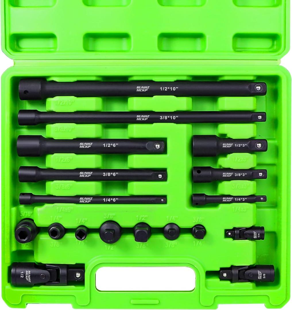 18-Piece Impact Socket Extension Set - 1/4" 3/8" 1/2" Drive Socket Extension Bars, Includes Ratchet Extension Set, Socket Adapter Set, Swivel Universal Joints & Impact Coupler, CR-V Steel