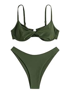 ZAFUL Women's Twist Front Bikini Sets Underwire Tie Back Bikini High Waisted Two Piece Swimsuit (1-Olive Green, XL)