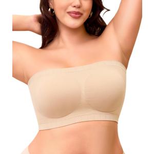 Strapless Bra for Women No Slip Silicone Grip Bandeau Bra with Fixed Pads Convertible Tube Top Bra with Fabric & Clear Straps, M