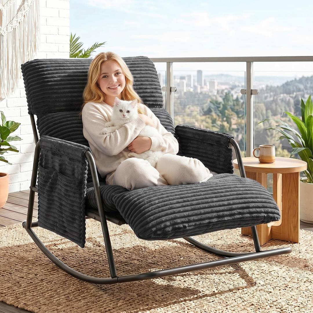 Oversized Outdoor Rocking Chair with Corduroy, Adjustable Backrest, 27.5 inches