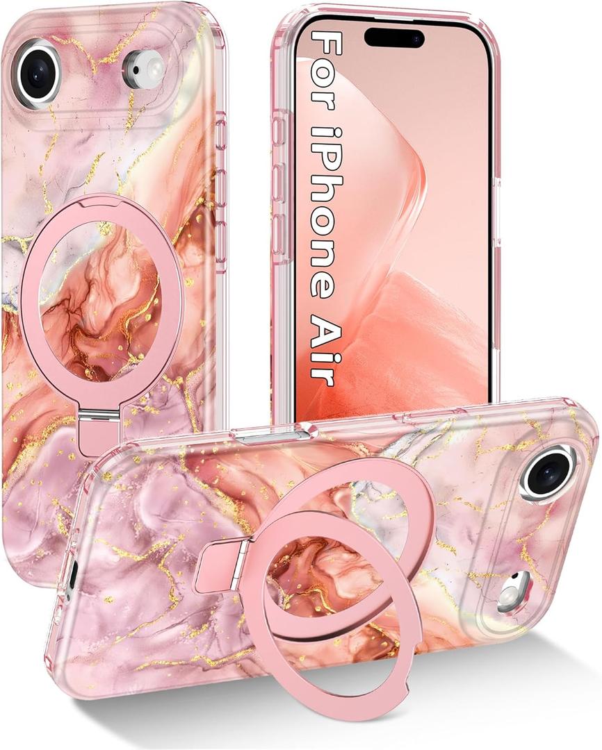 for iPhone Air Case/iPhone 17 Air Case,[Compatible with MagSafe][Magnetic Invisible Ring Stand],Shockproof Protective Slim Women Girl Cover for Apple iPhone 17 Air6.5 inch,Pink Gold Marble