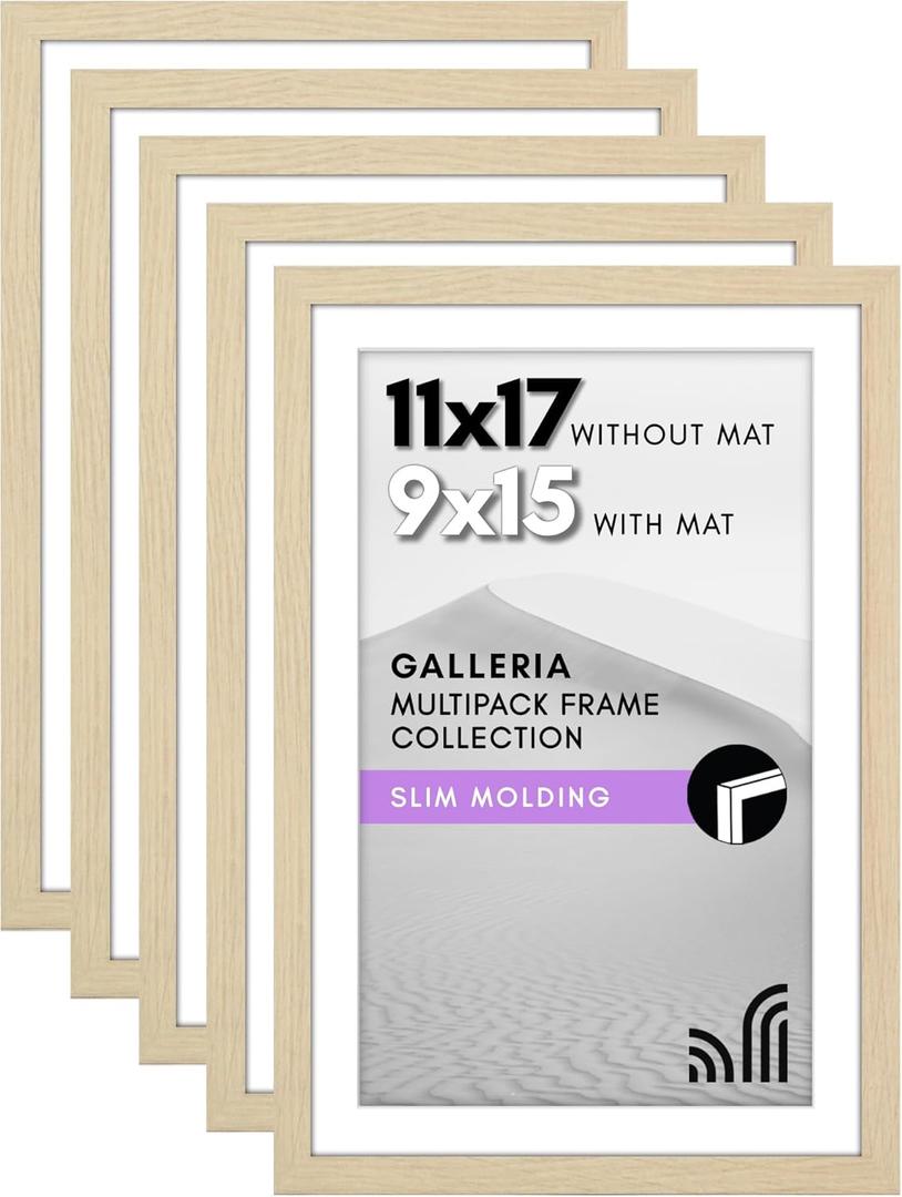 Americanflat 11x17 Picture Frame with Polished Plexiglass - Set of 5 - Use as 9x15 Frame with Mat or Display 11x17 Photo Without Mat - Galleria Collection - Picture Frames for Wall - Natural Oak