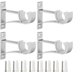 Sturdy Curtain Rod Brackets for 1 Inch, 1 1/8 Inch and 1 1/4 Inch Rods - Silver Holders, Set of 4