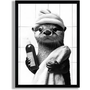 SYWENNOI Framed Otter Bathroom Canvas Wall Art Black and White 16x24 inches