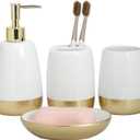 Elegant White with Gold Bathroom accesory Set 4pc,Toothbrush Holder soap Dispenser soap Dish Tumbler Cup for Bathroom Decor Morden Style (White 2)