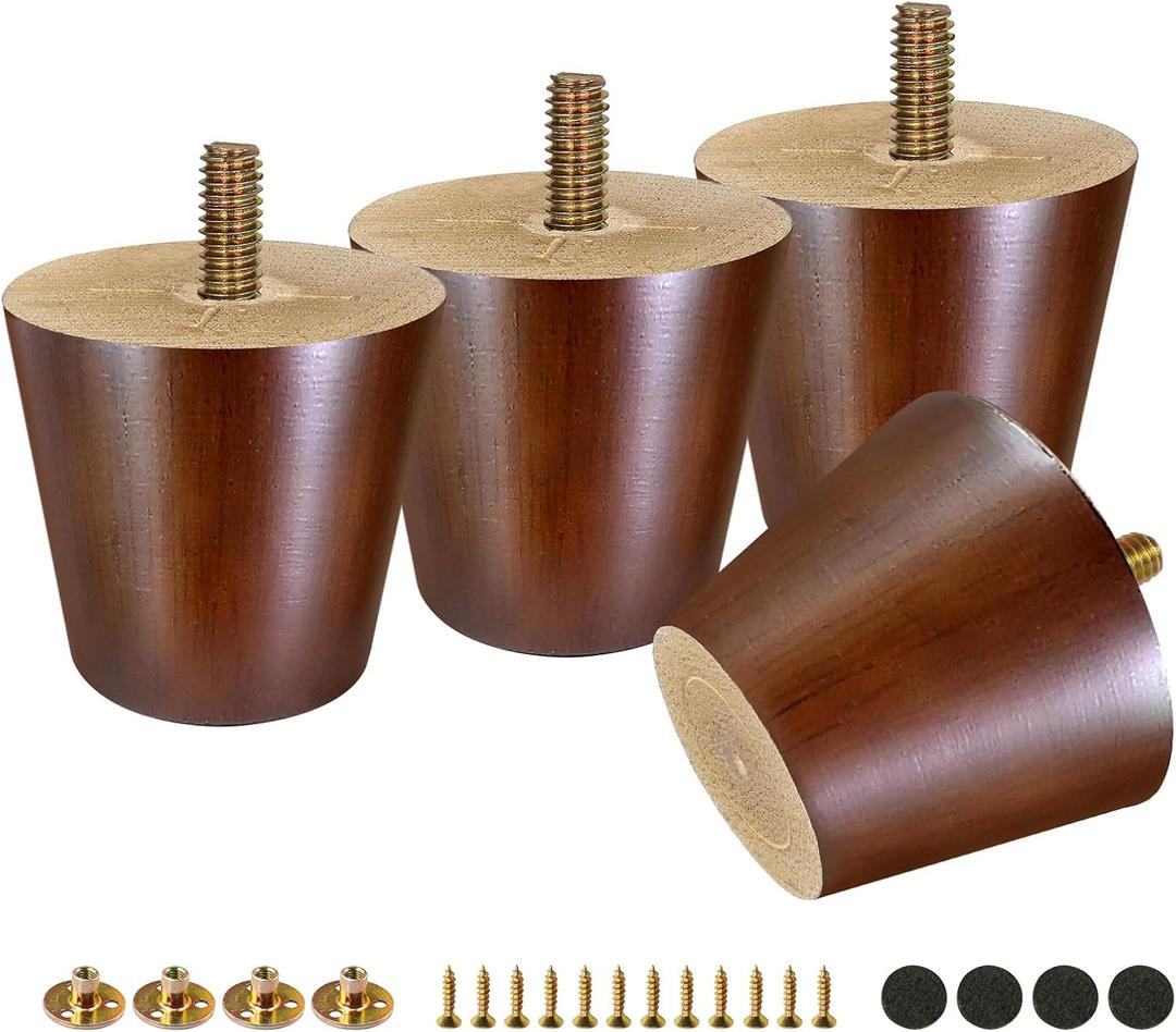FoDau770 Brown Rubber Wood Furniture Legs 2 Inches, Straight Tapered Wood Feet Mid Century Sofa Legs Set of 4, 5/16" UNC Furniture Feet for Cabinet Couch Dresser Chair Ottoman Table