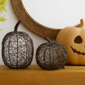 2 Pcs Wicker Rattan Pumpkin 7 Inch 9 Inch Neutral Thanksgiving Decor Woven Pumpkins Thanksgiving Table Centerpieces for Fall Autumn Harvest Table Decorations Indoor Outdoor Tabletops Mantle