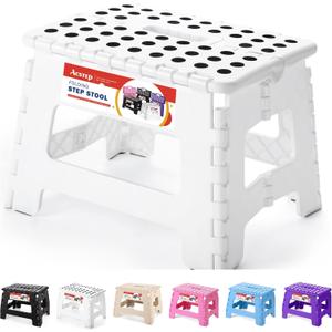 ACSTEP Folding Step Stool Portable Collapsible Plastic Step Stool 9 Inch Foldable Step Stools Non Slip Folding Stools for Kitchen Bathroom Bedroom (White)