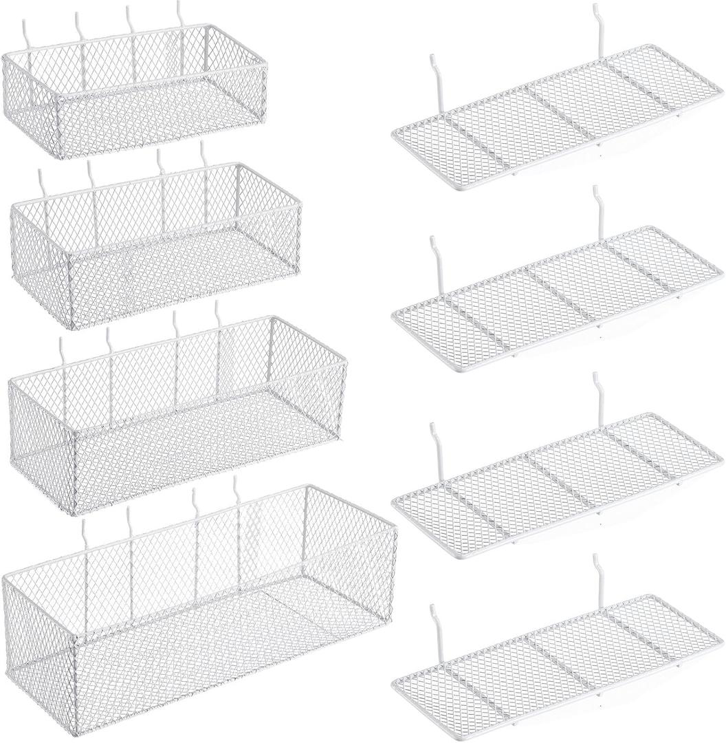 Hicarer Pack of 8 Pegboard Baskets and Peg Board Racks Set, Pegboard Hooks, Square Style Wire Shelf Baskets, for Organize Tools, Workbench, Accessories, Garage Storage, Wall Organizer Attachments (White)