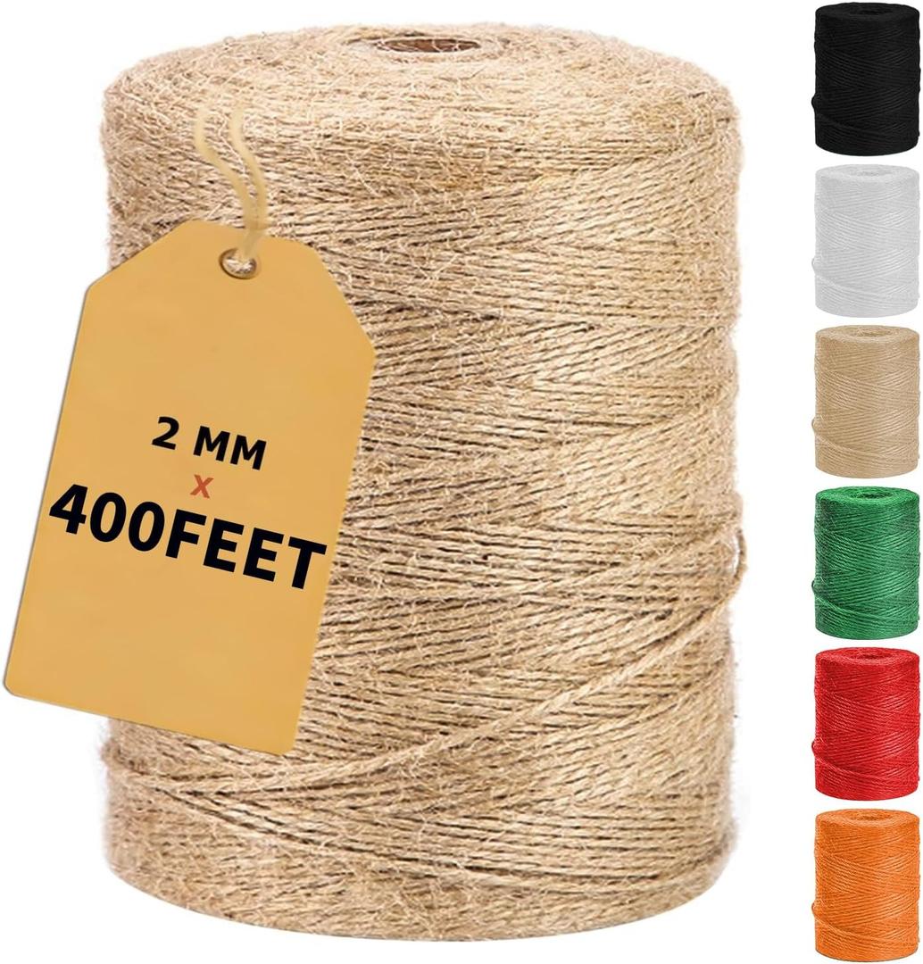 2 x Vanhench 400Feet Natural Jute Twine String, Bulk Hemp Jute Rope Cord Twine for Crafts Gardening, Gift Wrapping, Arts & Crafts, Wedding Dcor, Packing Material Burlap Ribbon, Christmas (2 mm x 122 m, Brown)