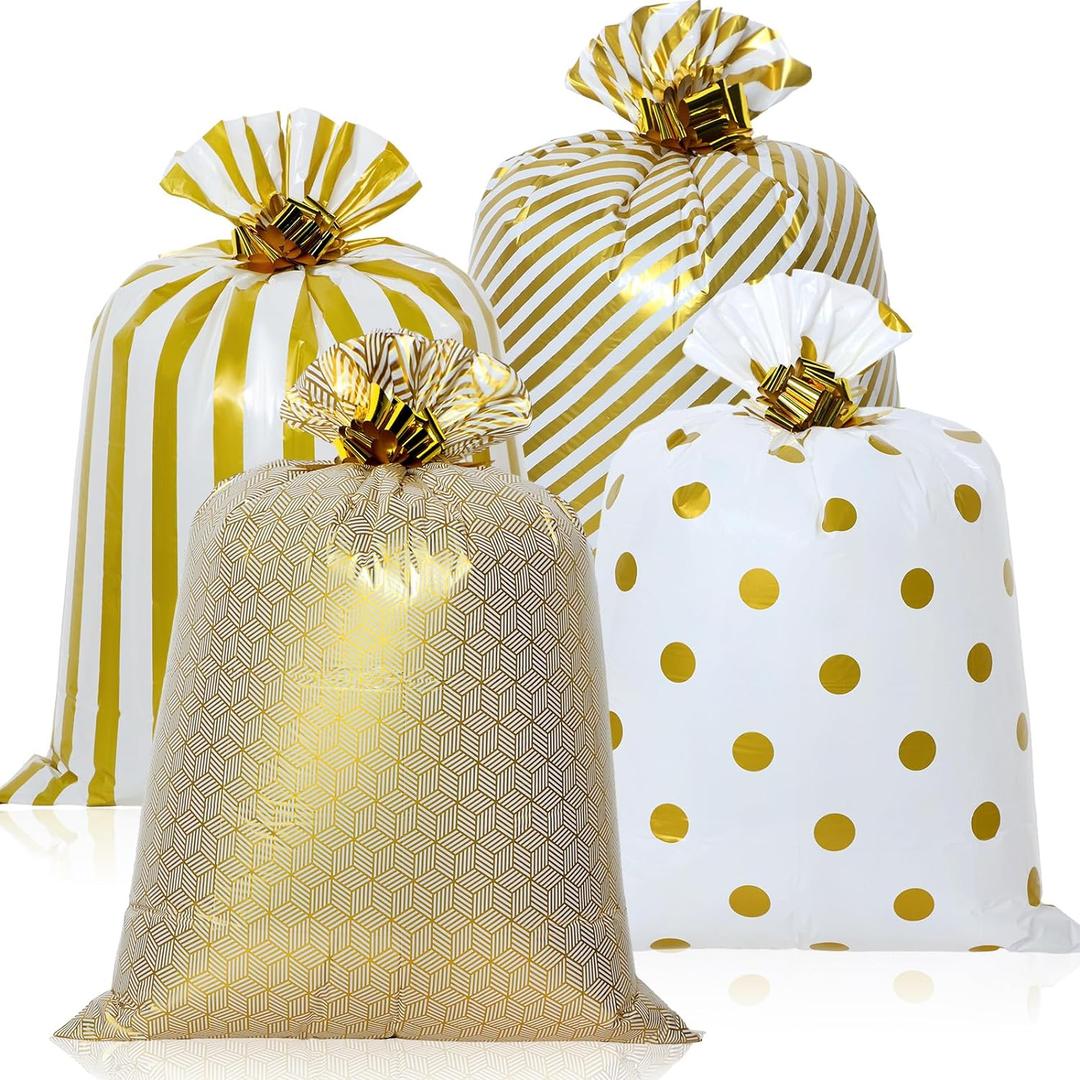 Fulmoon 4 Pcs 48 Inch Jumbo Gift Bag Golden Extra Large Bags with Pull Flowers, Plastic Giant Gift Oversized Wrapping for Graduation Wedding Birthday(Classic,Gold)