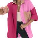 Dokotoo Womens Color Block Button Down Shirts Long Sleeve Oversized Boyfriend Blouses Tops (Large, 2 Rose)