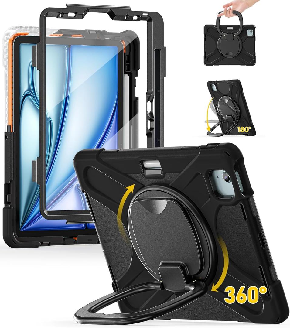 BRAECN for iPad Air M3 11 Inch Case 2025/ M2 2024, iPad Air 10.9" 5th/4th Gen, iPad Pro 11 Inch 4th/3rd/2nd/1st Gen, Proof Cover with Screen Protector, Pencil Holder,Shoulder Strap, Handle & Kickstand (Black)