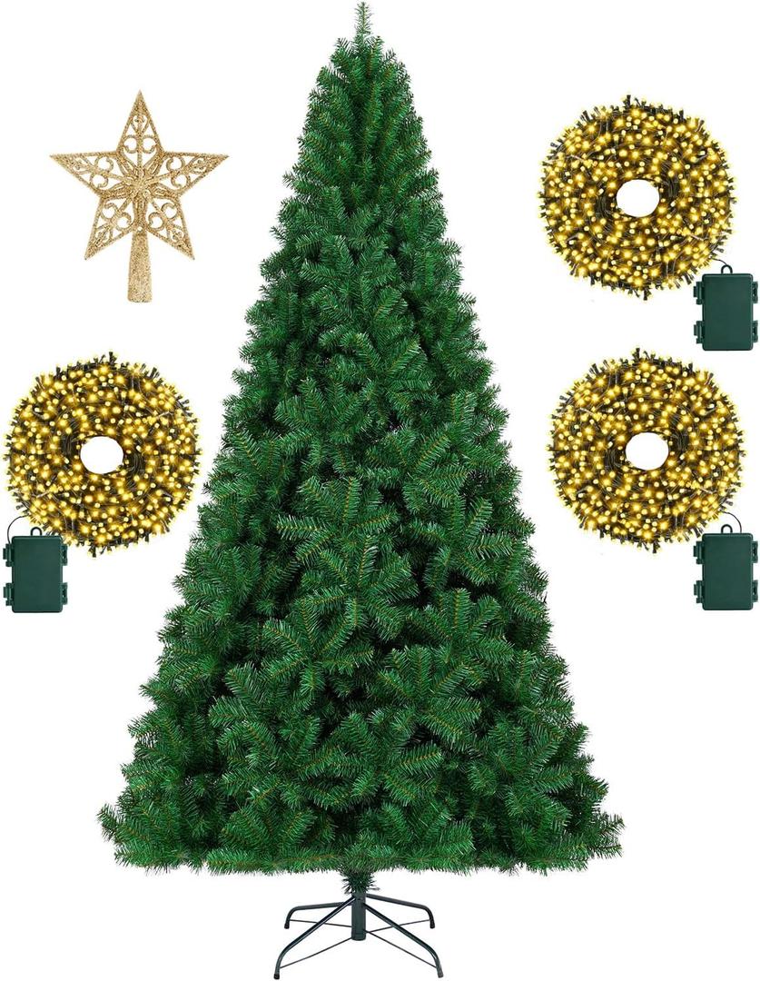 KTKDE 7.5ft Artificial Christmas Tree is a Green one with 1450 Tips and 300 Battery-Powered LED Columns. It Features 7.87-inch Golden Five Pointed Star and is Perfect for Family and Office Gatherings