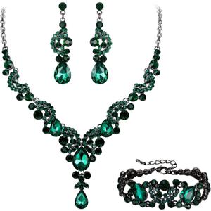 EVER FAITH Rhinestone Crystal Bridal Art Deco Floral Wave Teardrop Necklace Earrings Bracelet Jewelry Set (Green Black-Tone)