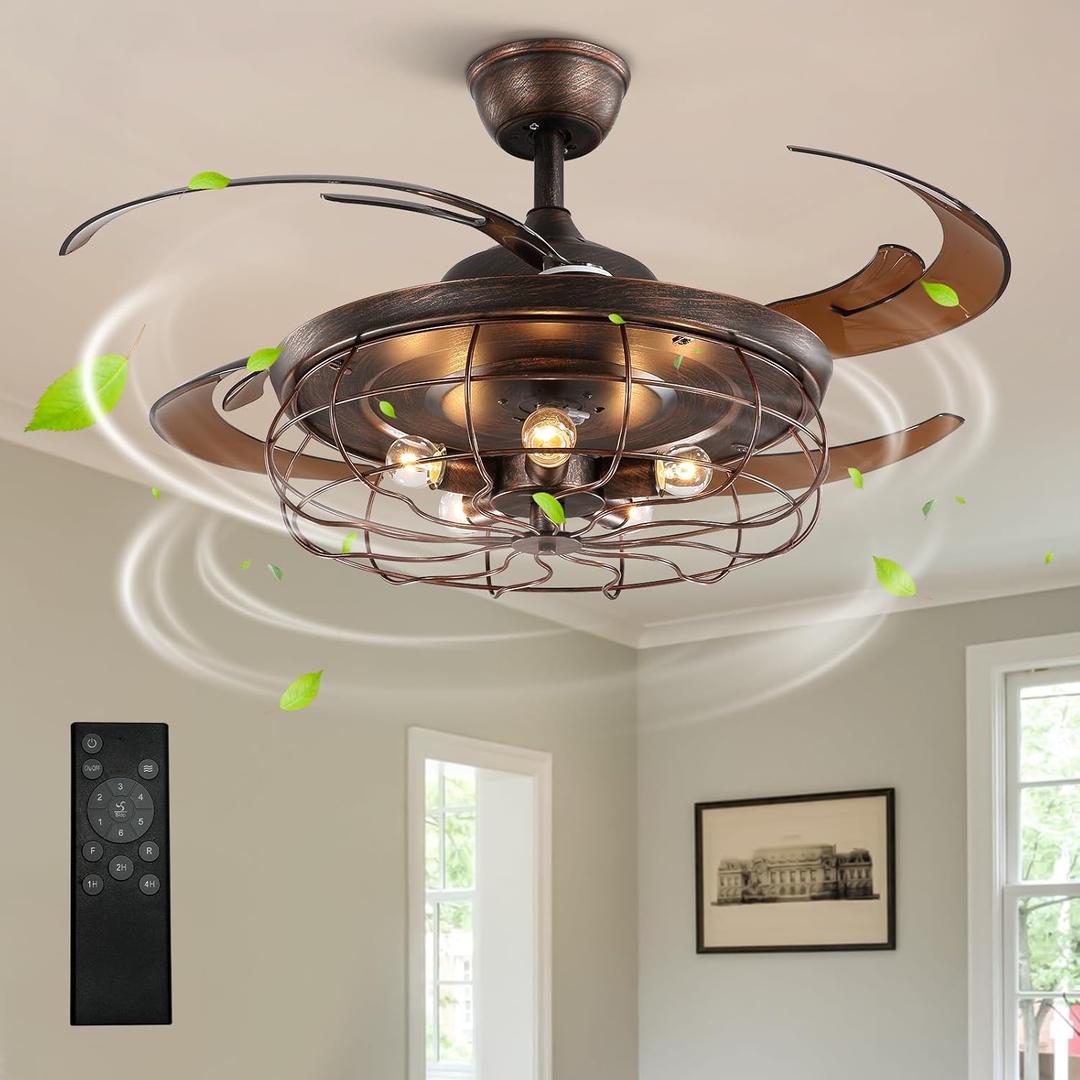 CROSSIO 48 Inches Retractable Caged Ceiling Fan with Lights, Reverse Industrial Rusty Fandelier Fan Chandelier with Remote Control for Living Room Dining Room Bedroom - 5 Lights, Rust