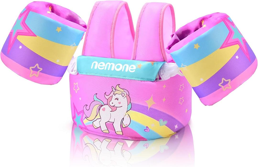 Nemone Toddler Swim Vest for 22-70 lbs Kids Floaties Swim Jacket with Arm Water Wings for Girls Boys 1 2 3 4 5 6 7 Years Old Beach Pool 20 30 40 50 60 66 Pounds Puddle Jumper (Rainbow Unicorn)