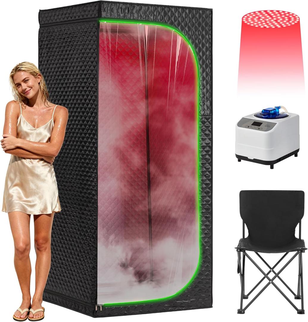 Steam Sauna Tent for Home with Transparent Door, Portable Indoor Sauna with Powerful Steam Heating, Foldable Personal Spa for Relaxation (Single Rectangular  Red Light,Black)