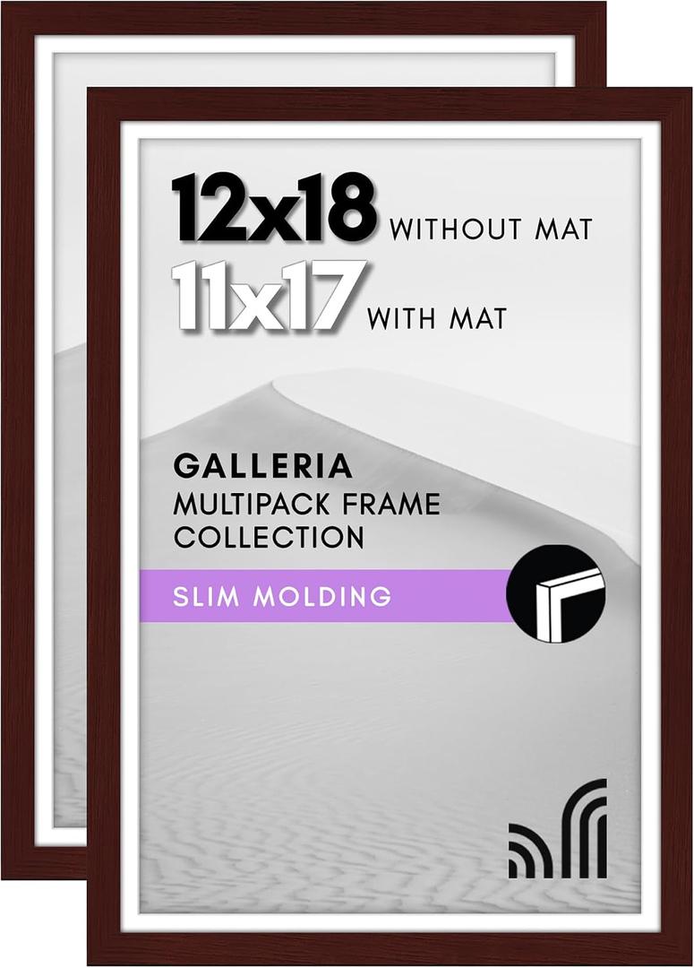 Americanflat 12x18 Poster Frame with Polished Plexiglass - Set of 2 - Use as 11x17 Frame with Mat or Display 12x18 Photo Without Mat - Galleria Collection - Picture Frames for Wall Display - Mahogany