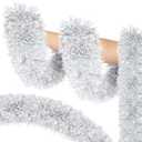 Lush Christmas Tinsel Garland, Silver & White Radiant Metallic Twist Streamers for Holiday Decor, Plush & Full Xmas Tree Garland for an Elegant Festive Atmosphere, Indoor & Outdoor Party Supplies