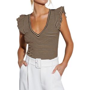 Ezbelle Women's V Neck Tank Summer Tops Striped Tshirts Ruffle Short Sleeve Slim Fitted Ribbed Knit Sexy Blouse 2026 (Large, Khaki)