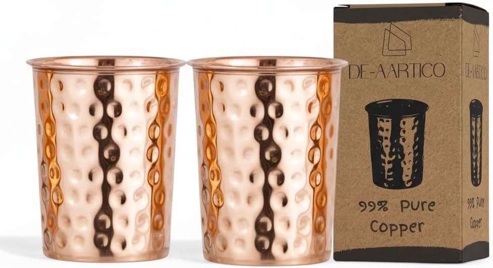 Pure Copper Tumblers for Drinking  Handmade Hammered Finish Water Glasses, 312ml (11 fl oz), Health Benefits for Hydration, Set of 2, Eco-Friendly Copper Cups for Water & Juices