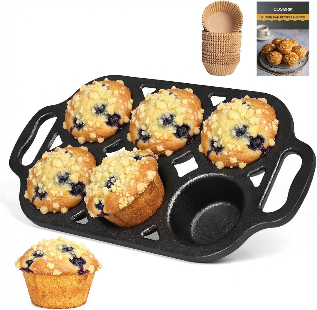 6 Cup Cast Iron Muffin Pan - Pre-Seasoned Nonstick Muffin Tin, Regular Size Cupcake Baking Pan