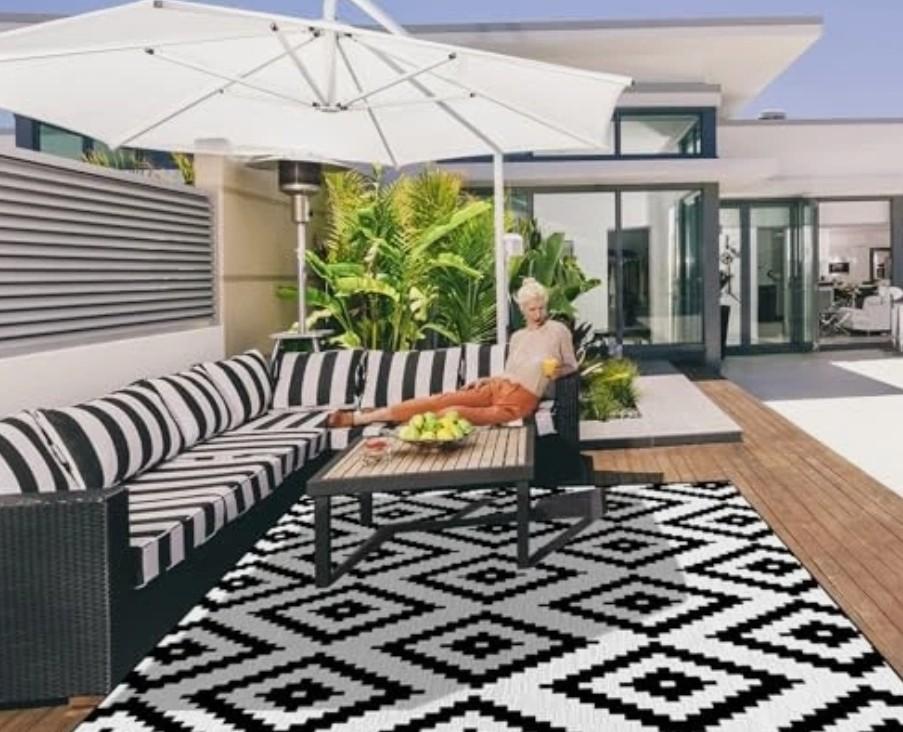 Tinideya Outdoor Rug Carpet, Waterproof Reversible Rug Mat Indoor Outdoor Patio Boho Rug for RV Camping Lightweight Plastic Straw Mat for Decorations(Stylish Pattern,9 x 12 ft)