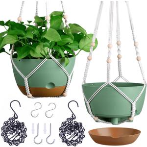 Set of 2-10 Inch Hanging Planters for Indoor Plants with Self-Watering Includes Hanging Pots for Plants, Outdoor Hanging Plant Pot with Drainage, and 2 Types of Baskets Hangers (Green, 10inch)