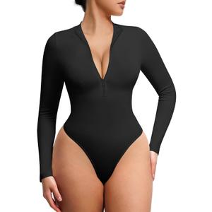 FeelinGirl Long Sleeve Zip Up Design Shapewear for Women Deep V Neck Body Shaper Tummy Control Shapewear Bodysuits (X-Large-XX-Large, Black)