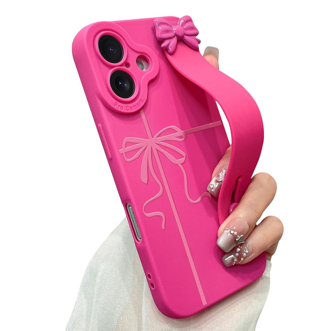 jueaes Cute Bow Case for iPhone 16 with Finger Hand Wrist Strap