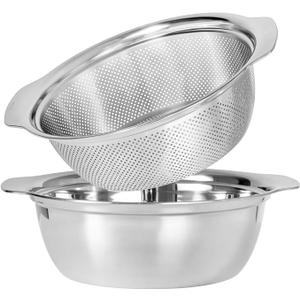 304 Stainless Steel Microporous Colander with Handle, Rice Washers Microporous Strainer Set For washing vegetables, fruits and rice, and draining cooked pasta. (5qt)