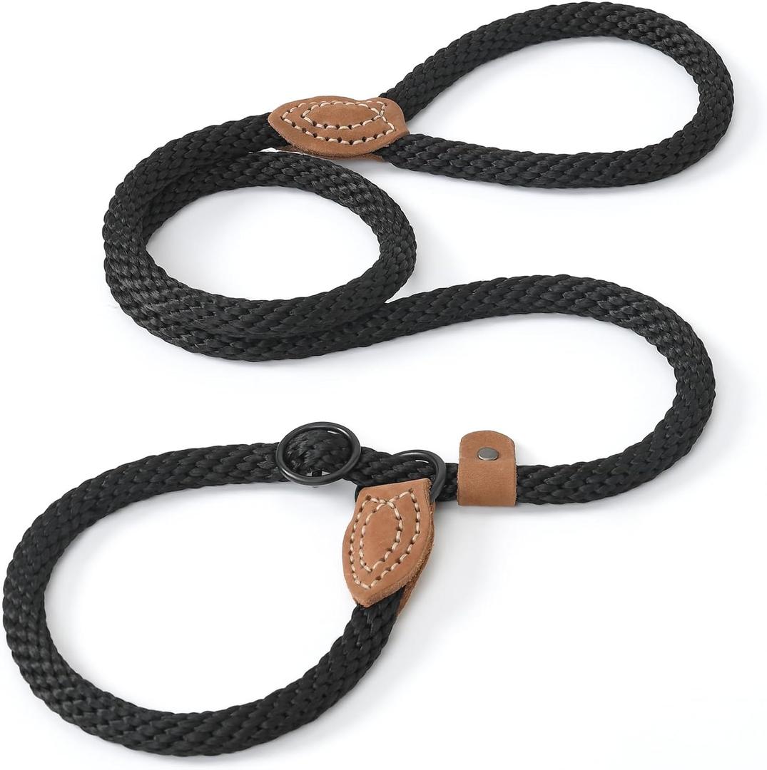 Mile High Life Slip Leads for Dogs | Heavy Duty Dog Training Leash | 5 Feet No Pull Slip Leashes w Leather Tip | Black Rope Lead for Dogs Outside