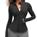 G4Free Athletic Jacket Women with Pockets Full Zip Up Yoga Sweatshirt Hip Length Running Long Sleeve Tops with Thumb Holes (Black,XL)