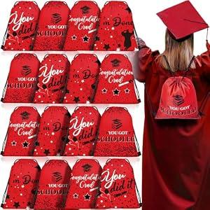Amylove 16 Pcs Graduation Gift Bags with Drawstrings Grad Party Favor Graduation Gift Drawstring Bag for College High School Party Supplies, 9 x 12 Inch (Red)