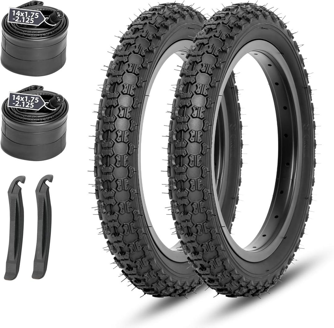 MOHEGIA Kids Bike Replacement Tires Set: 2-Pack 12.5/14/16/20x2.125 Inch Folding Bicycle Tires, and Pair Inner Tubes Schrader Valve with Tire Levers-Compatible with BMX, MTB and Children Racing MOHEGIA Kids Bike Replacement Tires Set: 2-Pack 12.5/14/16/20x2.125 Inch Folding Bicycle Tires, and Pair Inner Tubes Schrader Valve with Tire Levers-Compatible with BMX, MTB and Children Racing