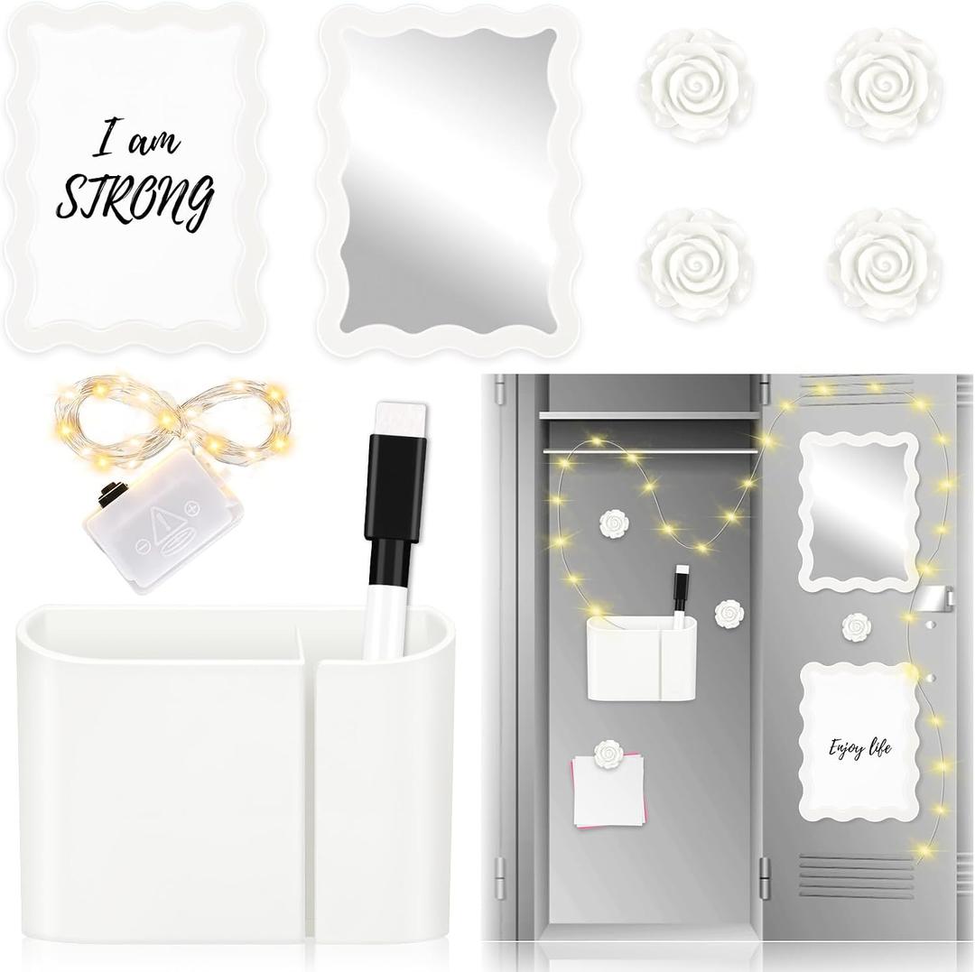 9 Pieces Magnetic Locker Accessories Kit White Back to School Essentials Includes Whiteboard Mirror and Organizing Supplies Cute Locker Shelf for School Locker