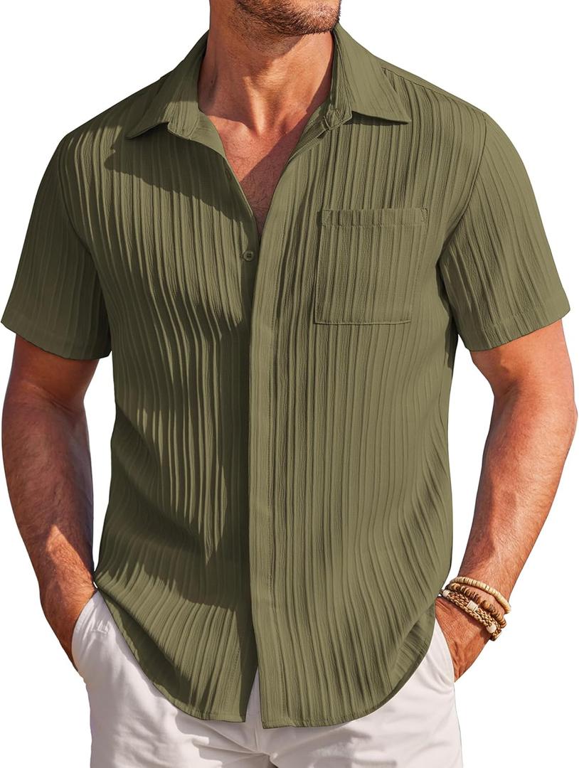 COOFANDY Mens Casual Shirts Short Sleeve Button Down Shirts Fashion Textured Summer Beach Shirt (XL, Army Green)