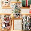 Shellwei 5 Pcs Watercolor Christmas Glass Storage Jar with Airtight Bamboo Lid Santa Claus Canister Sets Christmas Snowman Elk Clear Cookie Candy Storage 19oz for Kitchen Containers Countertop Decor