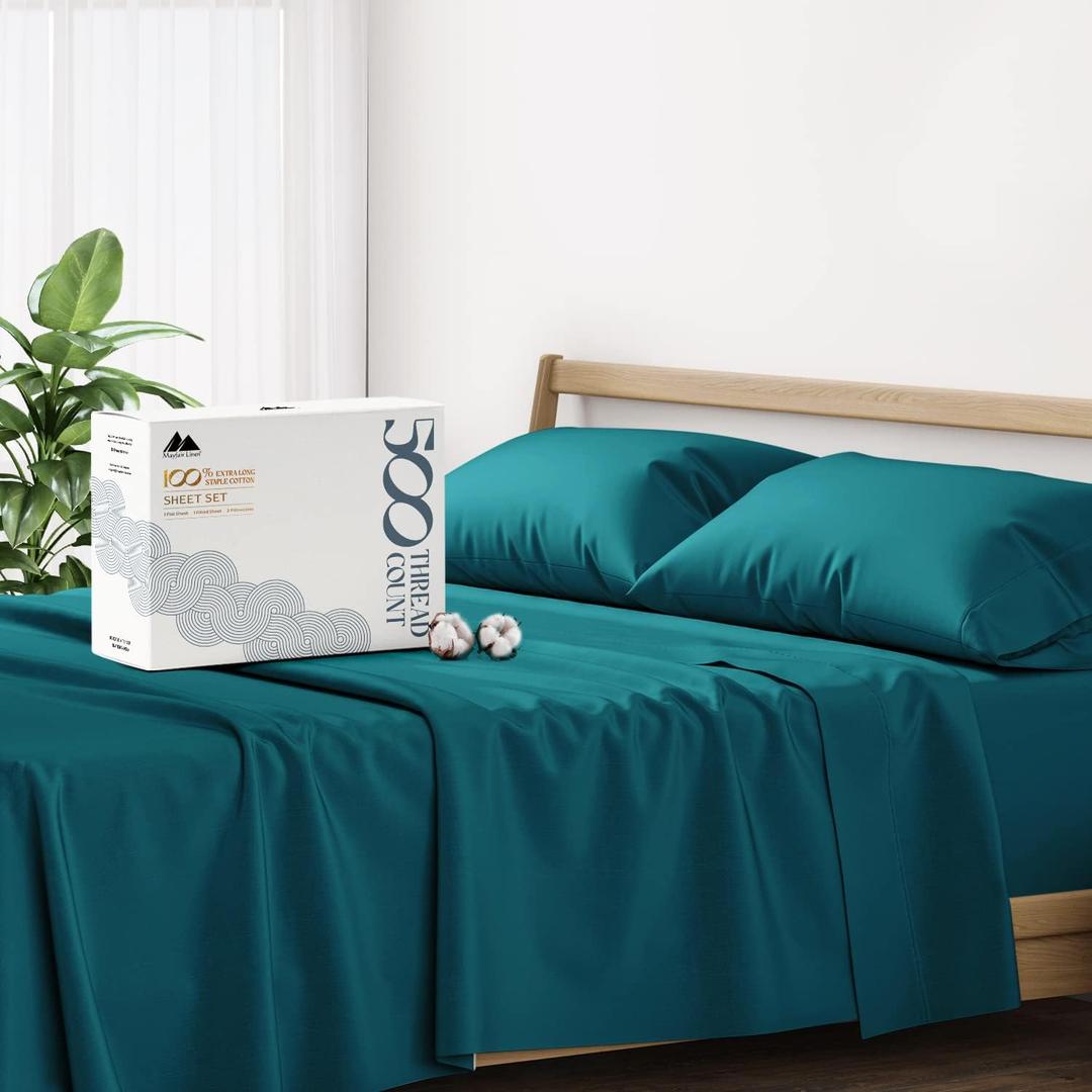 Mayfair Linen 500 Thread Count Full Cotton Sheets - 4 PC Full Size Bed Sheet Set Cotton (Teal), Soft, Cooling, Sateen Hotel-Quality 16" Deep Pocket Bedsheet for Hot Sleepers (Fits 18" Mattress)